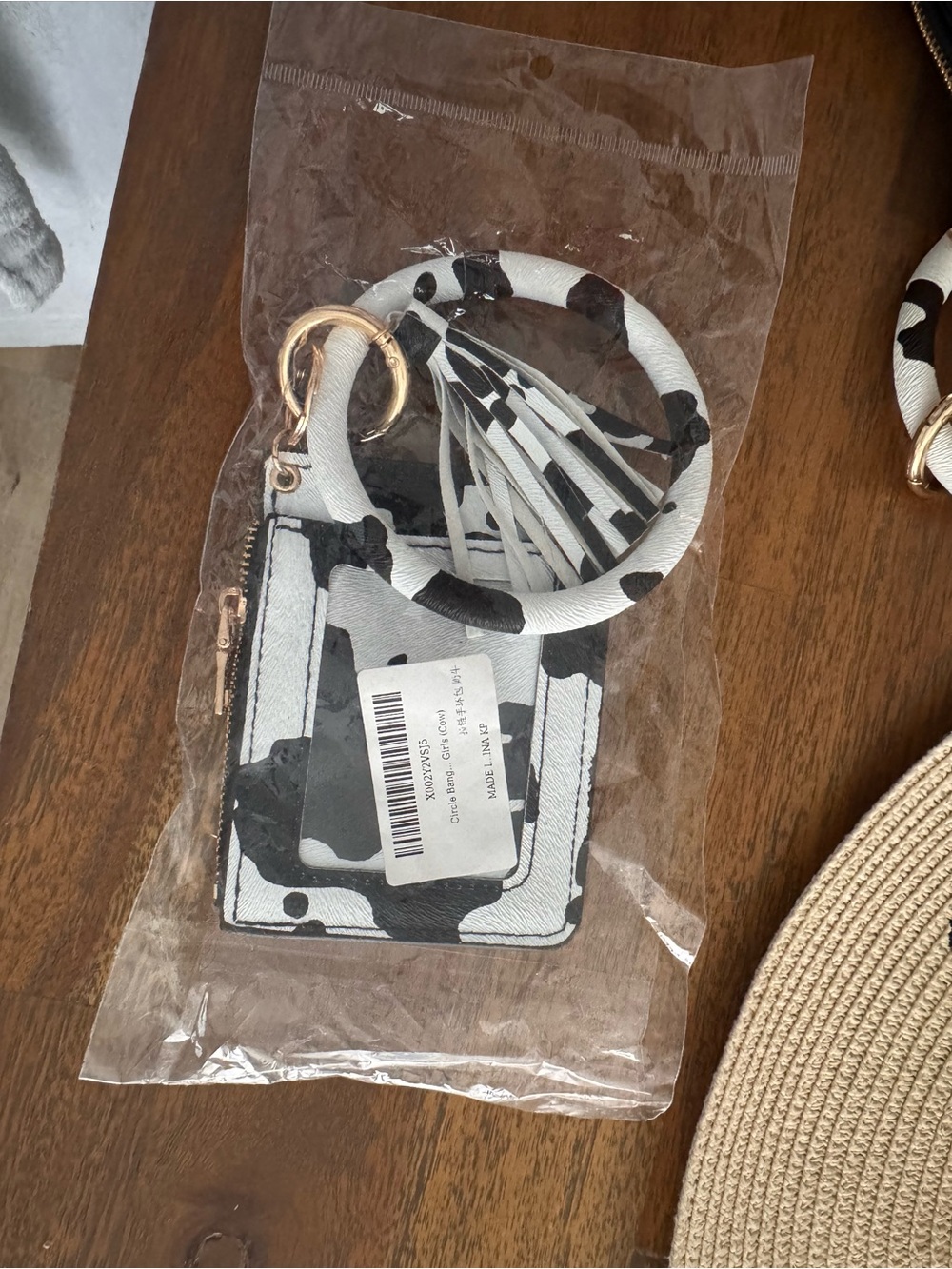 SHEIN Black and White Cow Print Wristlet Keychain with Tassel